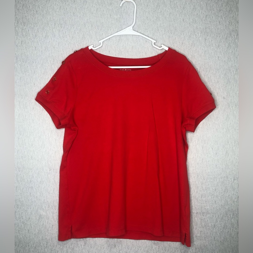 Talbots Womens Stretch Weekend Tee 1X Short Sleeve Decorative Buttons Orange Red